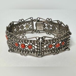 Vintage 800 Silver & Red Coral Linked Bracelet w/ Intricate Filigree Design
